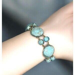 Vintage Italian Blue Venetian Art Glass Brass Link Bracelet Gold Dust 7.5”